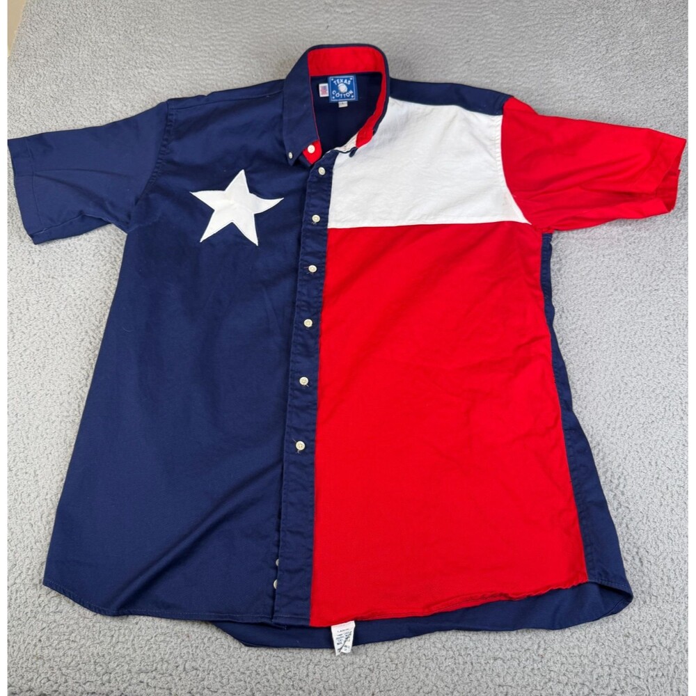 TEXAS COTTON Flag Shirt  L Lone Star Blue Red White Cotton Button Up 4th of July